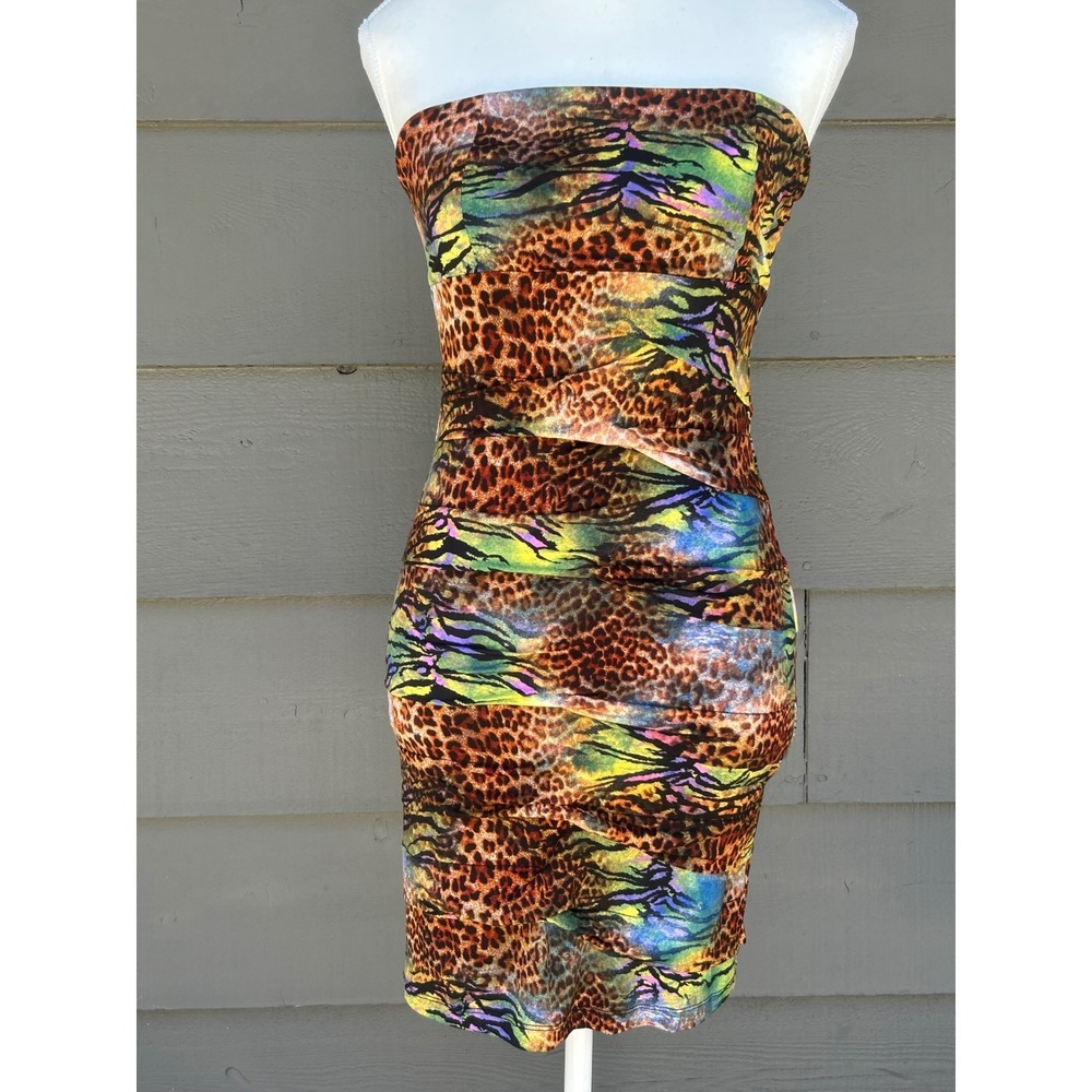 Vtg XXI Forever 21 Y2K Neon Rainbow Cheetah Leopard Ruched Strapless Dress M - Picture 2 of 7